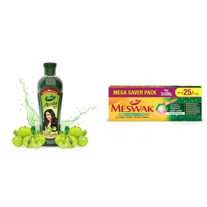 Dabur Amla Hair Oil - For Strong, Long And Thick Hair - 450Ml & Dabur Meswak Toothpaste - 200G (Pack Of 2)(Savers Retail)