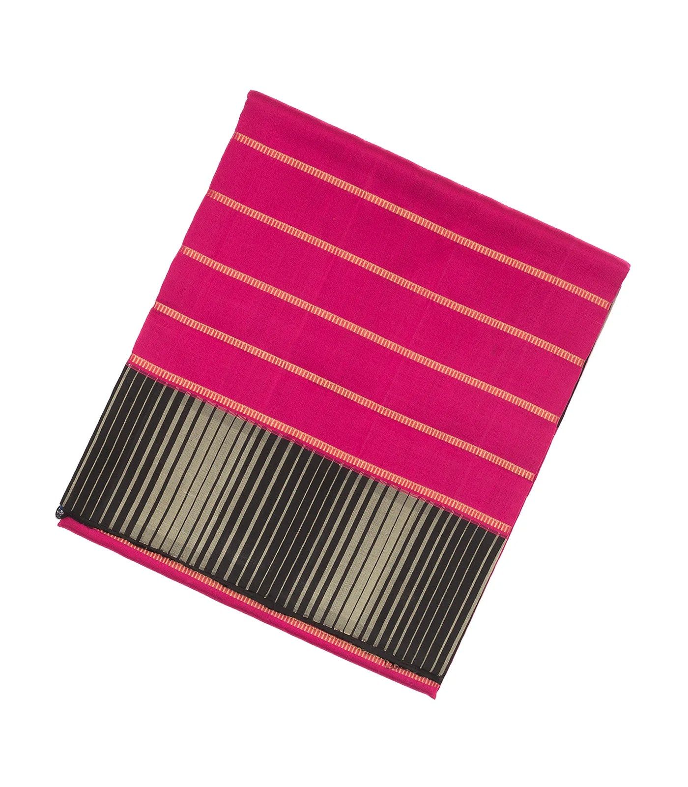 Hot Pink Handloom Kora Silk Saree With Beldari Stripes & Black Border-Hot Pink