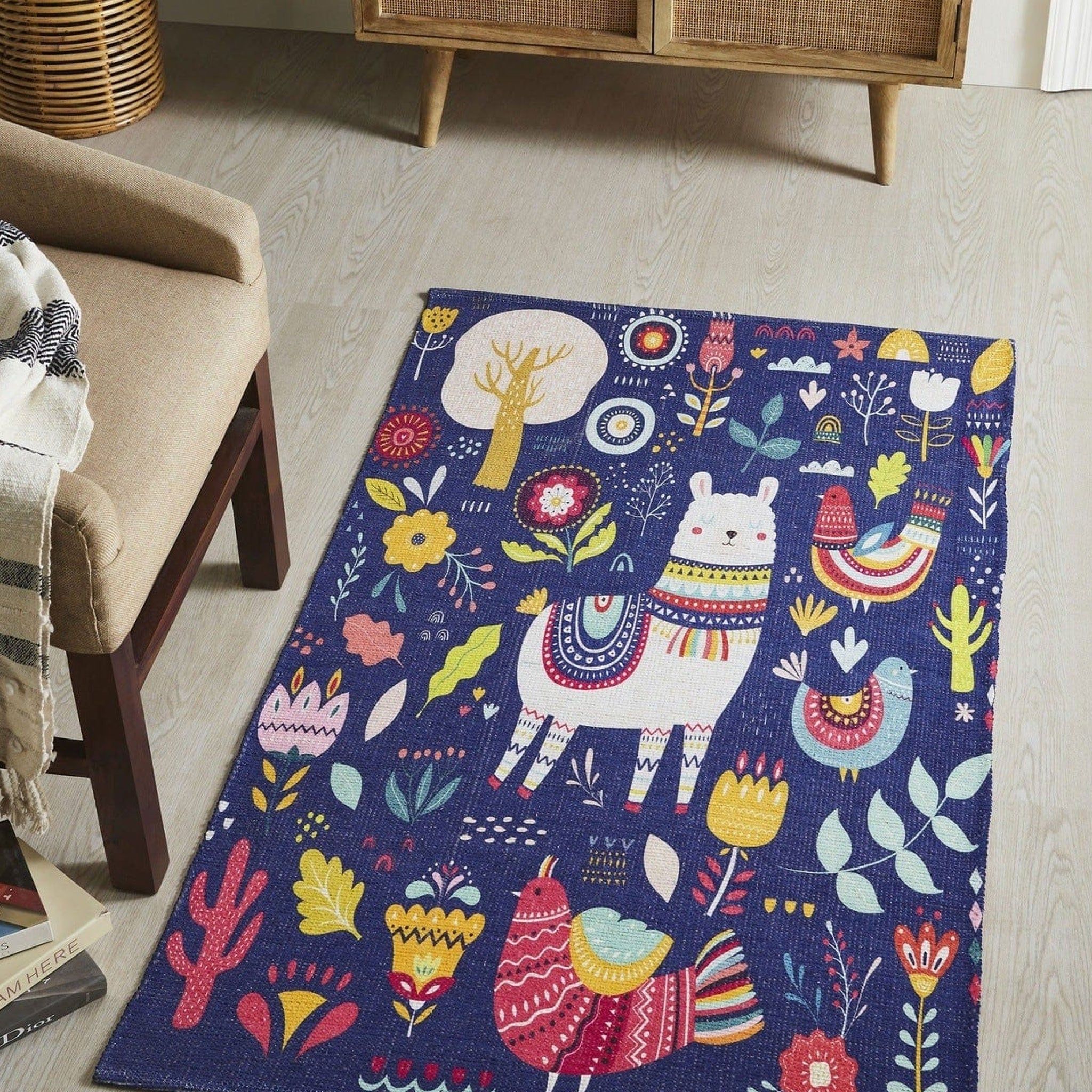 Mona B Printed Llama Kids Room Dhurrie Carpet Rug Runner Floor Mat for Living Room Bedroom: 3 X 5 Feet Multi Color - PR-109 (3660)