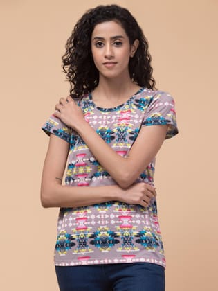 Hive91 Womens Cotton T-Shirt: Colorful Abstract Print, Crew Neck XXL