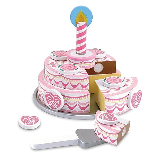 Triple-Layer Party Cake (Wooden Play Food, Tiered Wooden Cake, Self-Sticking Tabs, Sturdy Construction, 13.5” H x 10.5” W x 2.7” L)