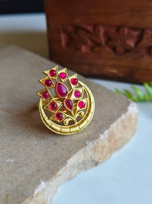 Gold-Plated Finger Ring with Moon Shape and Stones, Tree Design | Sarichka-Magenta
