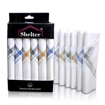 SHELTER Premium HandKerchiefs 100% | Cotton Hankies White With Color Border | Size 46 x 46 CM Pack of 6