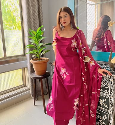 Pink floral printed suit set with dupatta-S-36