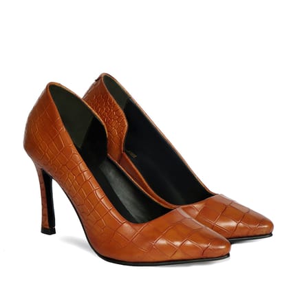 Pointed Toe Cut Croco Textured Tan Leather Sleek Stiletto Ladies Pencil Heel By Brune & Bareskin-36/3