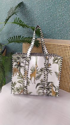 Handblock Printed Quilted Tote Bag without zip/button 17x18x 6 inches