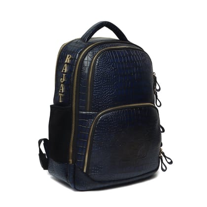 Bespoke Blue Deep Cut Leather 'RAJAT' Metal Initials Backpack by Brune & Bareskin-FS