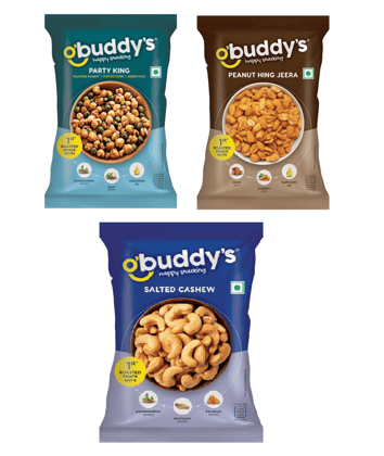O'buddy's Party King 30 gm, Peanut Hing Jeera 30 gm & Salted Cashew 16 gm - Combo Pack of 15 (5 Packs of Each)
