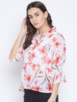 White Floral Tie-Up Neck Georgette Peplum Top