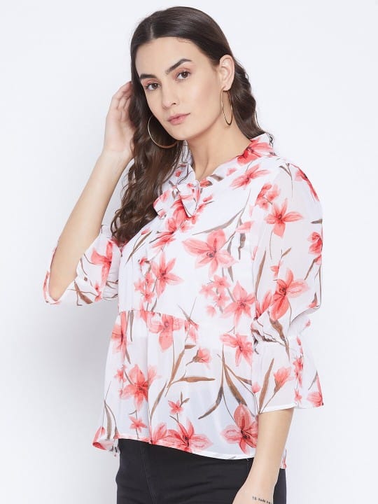 White Floral Tie-Up Neck Georgette Peplum Top