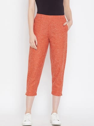 Women Rust Relaxed Regular Fit Self Design Cigarette Trousers