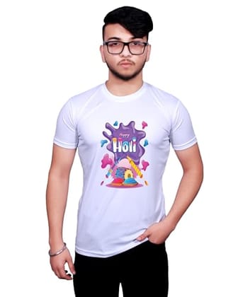 NITYANAND CREATIONS Round Neck White Holi T-Shirt for MEN-HOLI-T-SHIRT-11507-S