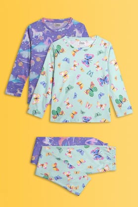 BUTTERFLY GREEN AND UNICORN PLANET LONG SLEEVE PYJAMA SET (PACK OF 2)-0-6 MONTHS / 2N / GREEN/PURPLE