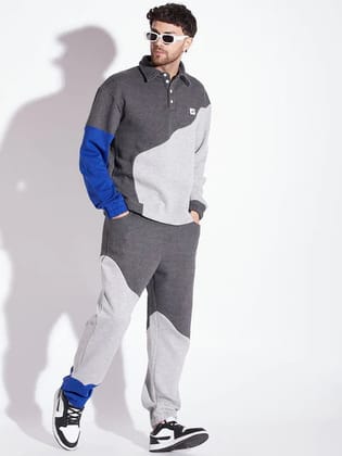 Grey Cut Sew Polo Collared Relaxed Tracksuits-S