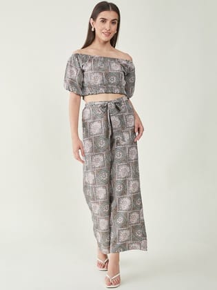 Printed Off Shoulder Top With Flared Palazzos