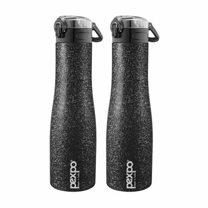 PEXPO Stainless Steel Sports Water Bottle, 1L, Pack Of 2, Black, Monaco | Portable & Eco-Friendly Water Bottle with Push Button Cap