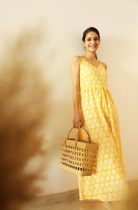Macha Hand Block Printed Gathered Long dress