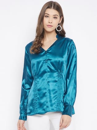 Teal Blue Solid Satin Top