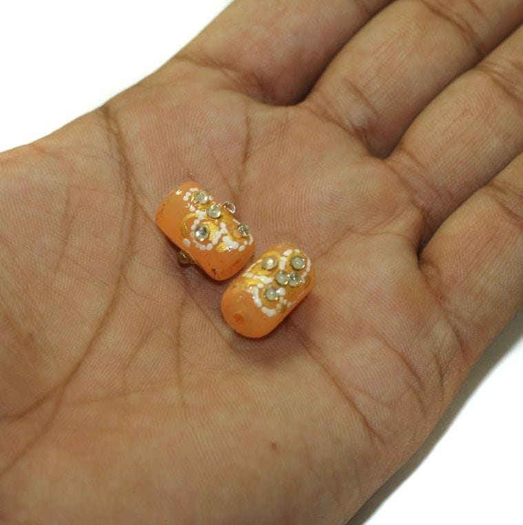 5 Pcs, 16x10mm Handpainted Kundan Work Tube Beads Orange-Orange / Glass