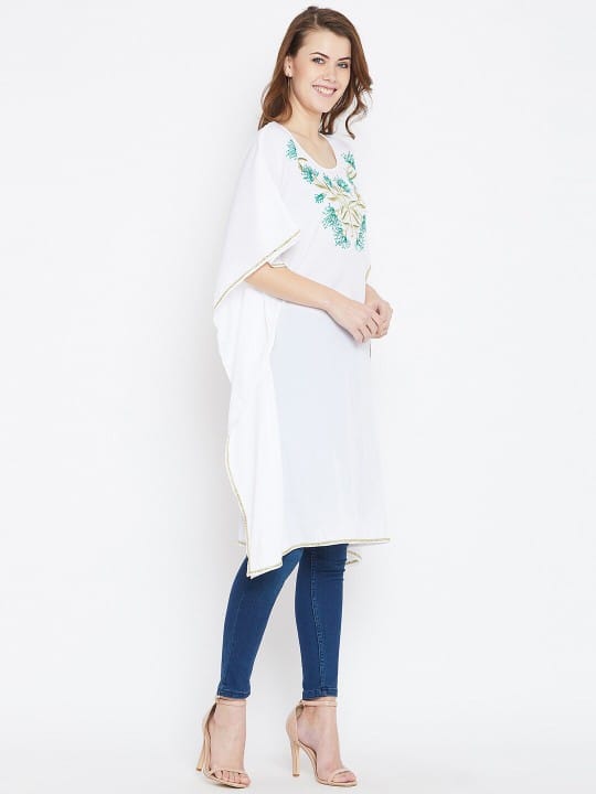 White & Green Embroidered Kaftan Tunic