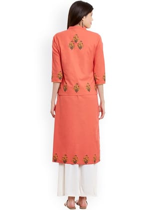 Women Peach-Coloured Printed Block Print Kurta with Jacket