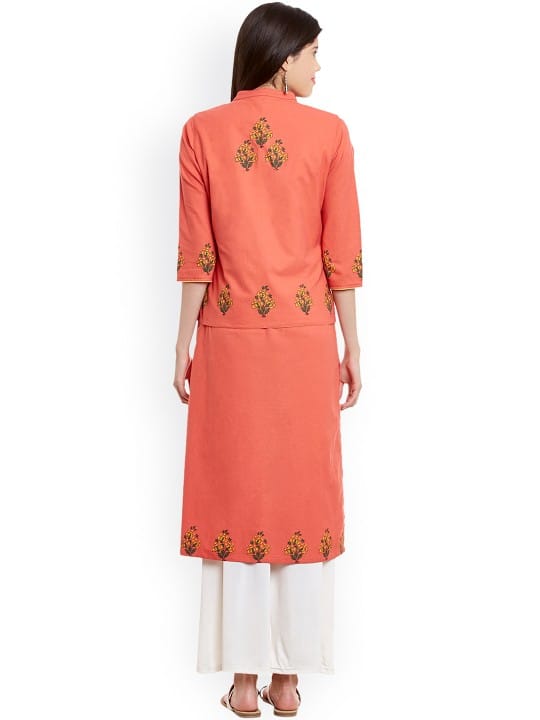 Women Peach-Coloured Printed Block Print Kurta with Jacket