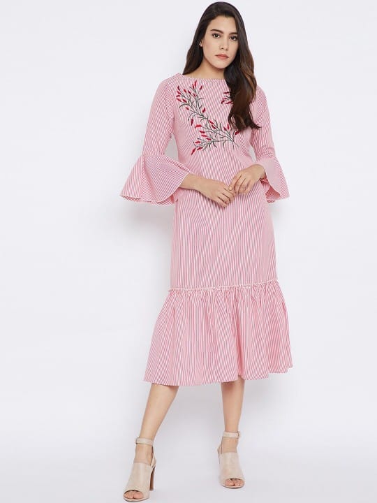 Red & White Striped & Embroidered Midi Dress