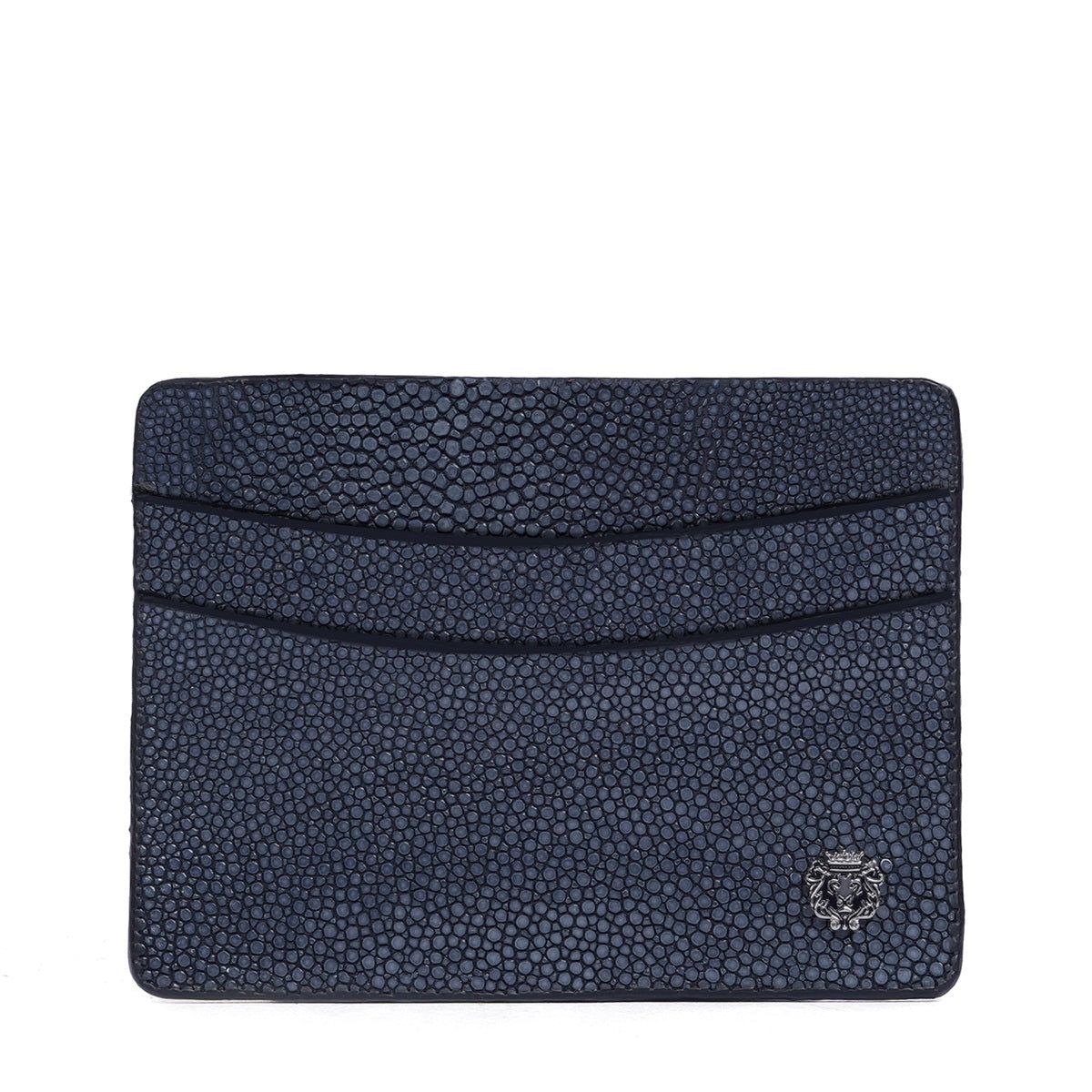 Unisex Card Holder Genuine Stingray Leather With Silver Finish Small Metal Lion-FS