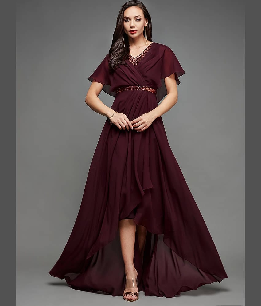 Miss Chase Georgette Embellished Full Length Women's Fit & Flare Dress - Wine ( Pack of 1 )