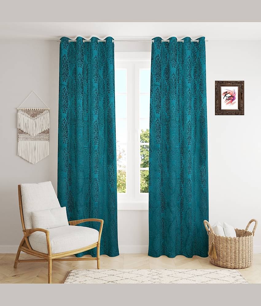 Kraftiq Homes Geometric Blackout Eyelet Curtain 5 ft ( Pack of 2 ) - Blue
