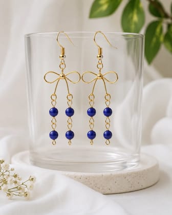 Kaantiva Women Gold-Plated Bow Design Dangle Earrings with Royal Blue Beaded Chains
