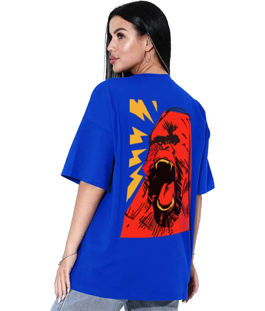 Leotude Women Cotton Blend Printed Oversized Fit Round Neck T-Shirt ( Blue )