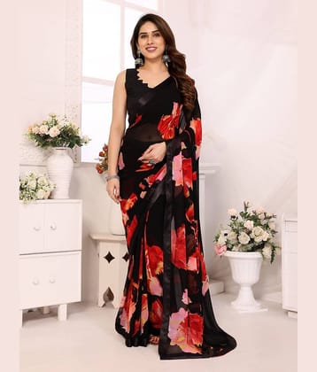 BLEESBURY Chiffon Printed Saree With Unstitched Blouse Piece ( Black )