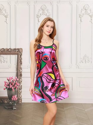 Abstract Face Print Satin Nightgown, Casual Round Neck Backless Slip Dress-M / Only Dress