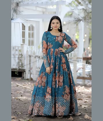 Trijal Fab Georgette Printed Full Length Women's Gown - Blue ( Pack of 1 )