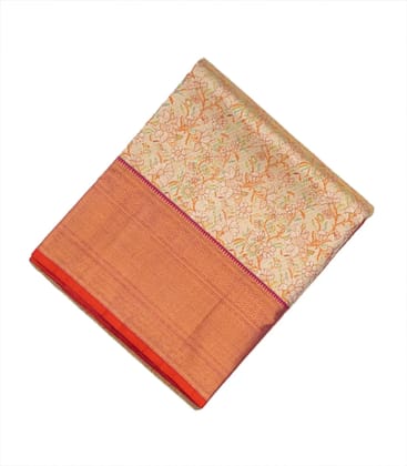 Beige Handloom Kanchipuram Tissue Silk Saree With Meenakari Floral Motifs-Beige