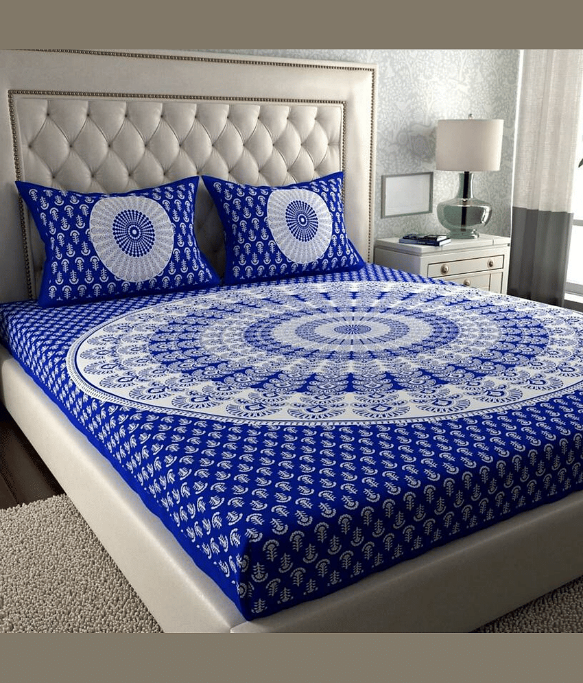 COZYKO Cotton 1 Double Bedsheet with 2 Pillow Covers ( Blue )