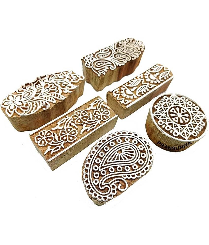 Vardhman Wood Wooden Hand Carved Printing Stamp Block for Mehndi, Carft ( Pack of 10 )