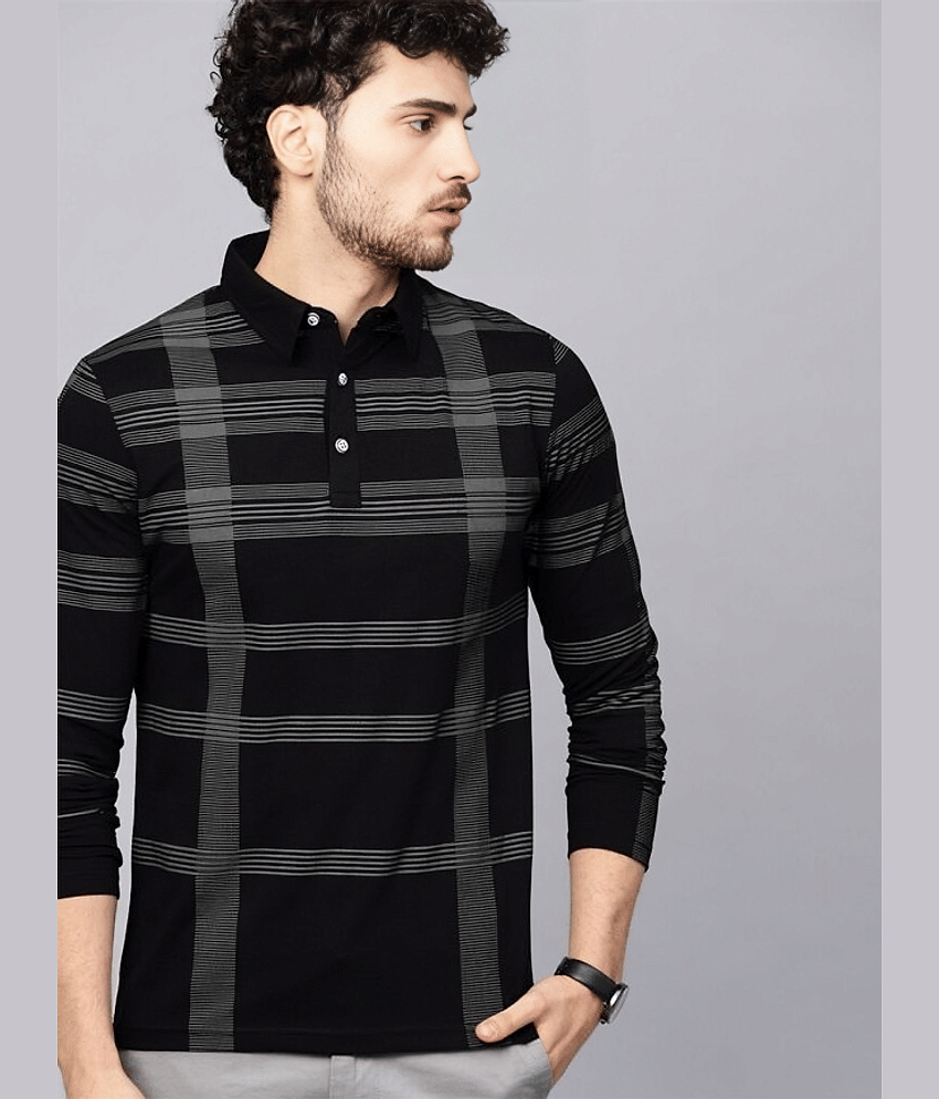 LAMATE Pack of 1 Cotton Blend Regular Fit Checks Full Sleeves Men's Polo T Shirt ( Black )