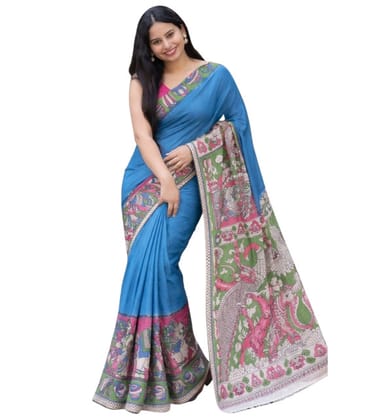 Women's Linen Kalamkari Printed Saree With Unstitched Blouse - 5.5 Mtr (Blue)