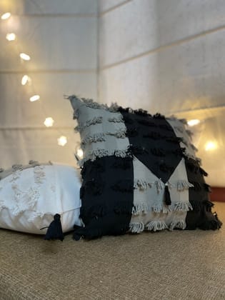 KRI India Distressed Black & Grey blocked Cushion Cover 16x16" | Wash & Care | 100% Cotton | Handcrafted in India. 100% organic & natural.