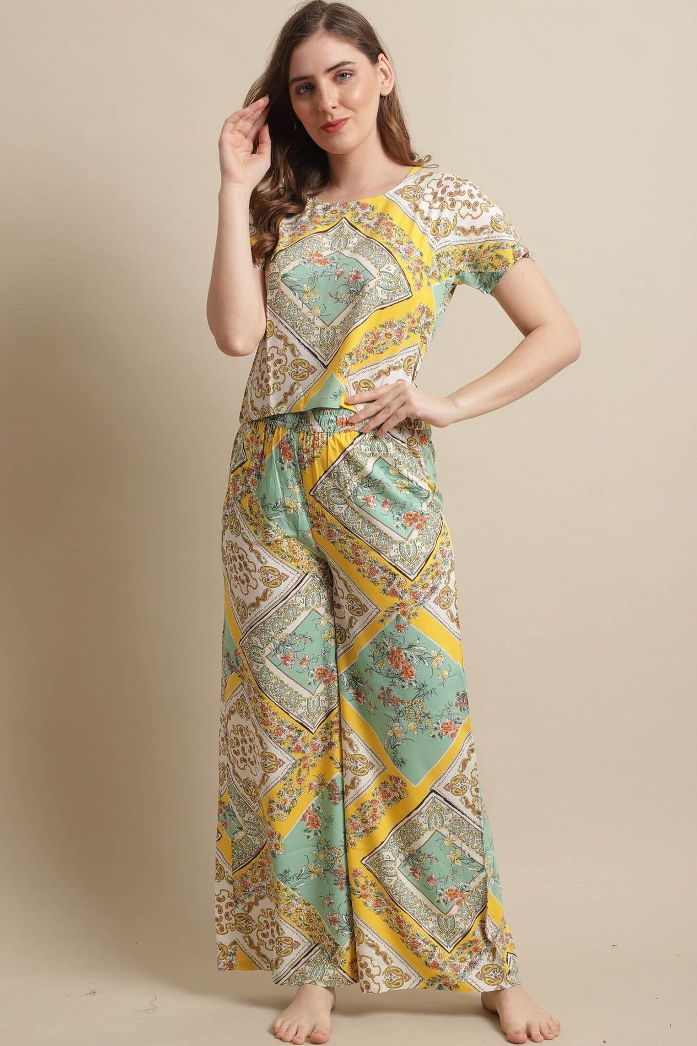 Yellow Color Floral Printed Viscose Rayon Night suit For Women-s
