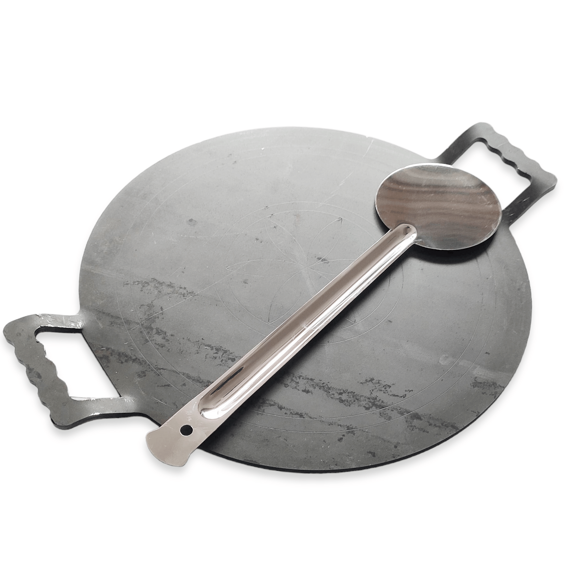 NAAYAGI - pure IRON TAWA, IRON DOSA TAWA, ROTI TAWA - 12 INCH, FLAT WITH DOUBLE HANDLE, 5 MM THICK, SS TURNER