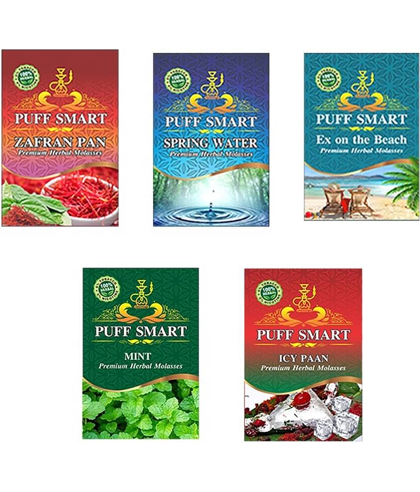 Puff Smart Premium Herbal Hookah Flavour Pack of 5 (Zafran Pan, Spring Water, Ex on the Beach, Mint, Icy Pan)