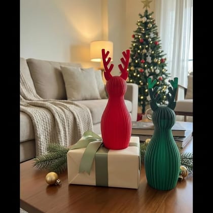 Eco-Friendly Christmas Reindeer Figurine Set of 2 Biodegradable Plastic Red & Green 20cm Tall Sustainable Holiday Decor for Tabletop, Shelf & Gifting