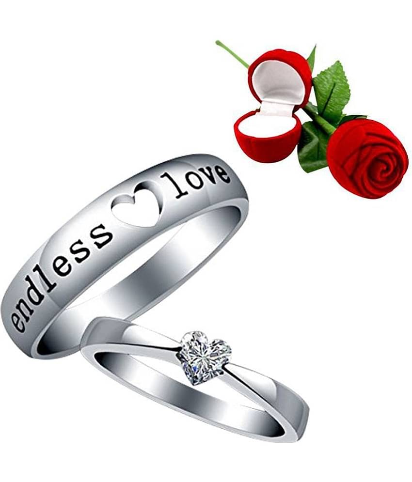 Silver Shine Silver Plated Adjustable Couple Ring with 1 Piece Red Rose Gift Box for Men and Women
