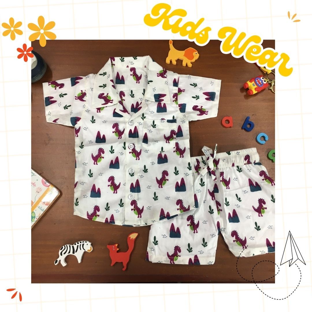Kids Shirt & Short set - Purple Dainosaur-6 months  - 1 year