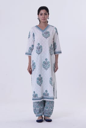 White Cotton Kurta With Blue Motif-M