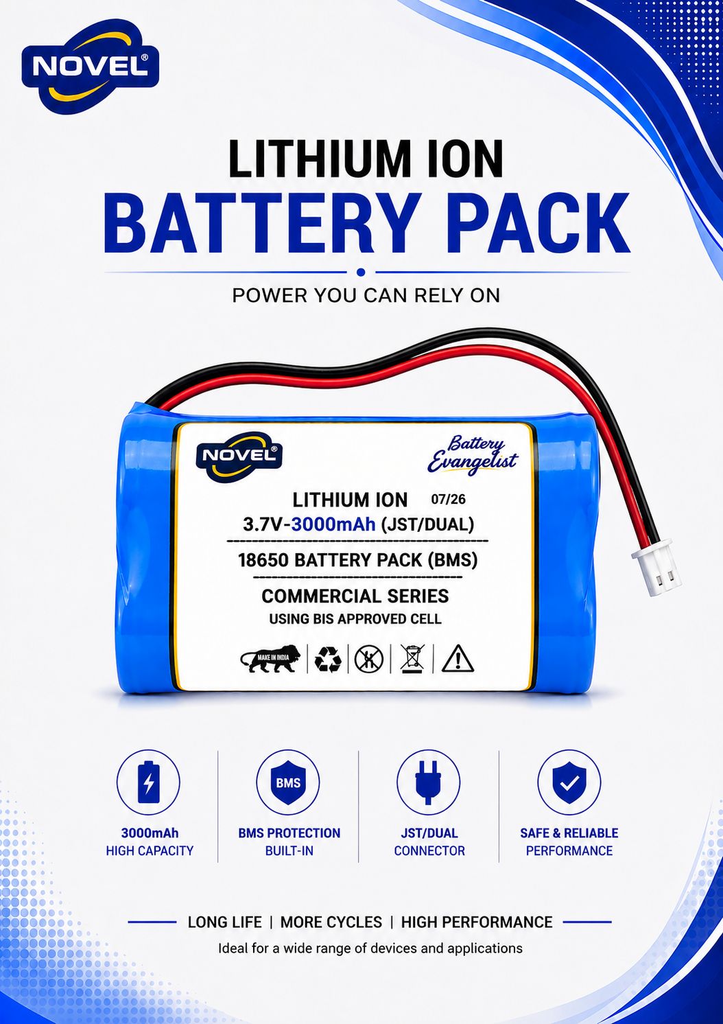 NOVEL 3.7V BMS 18650 LITHIUM ION DUAL BATTERY PACK WITH JST 2PIN- 3000mAh