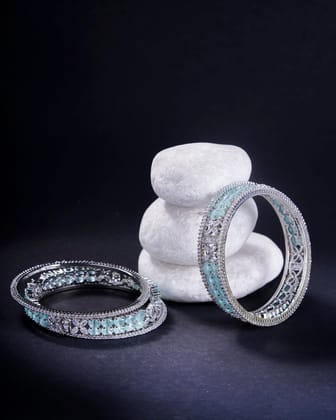 Crystal Fancy Rhodium Bangles (Pack of 6)-Mint Green / Rhodium / 2.4